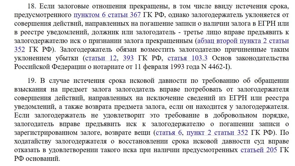 Прекращение залога по Пленуму ВС